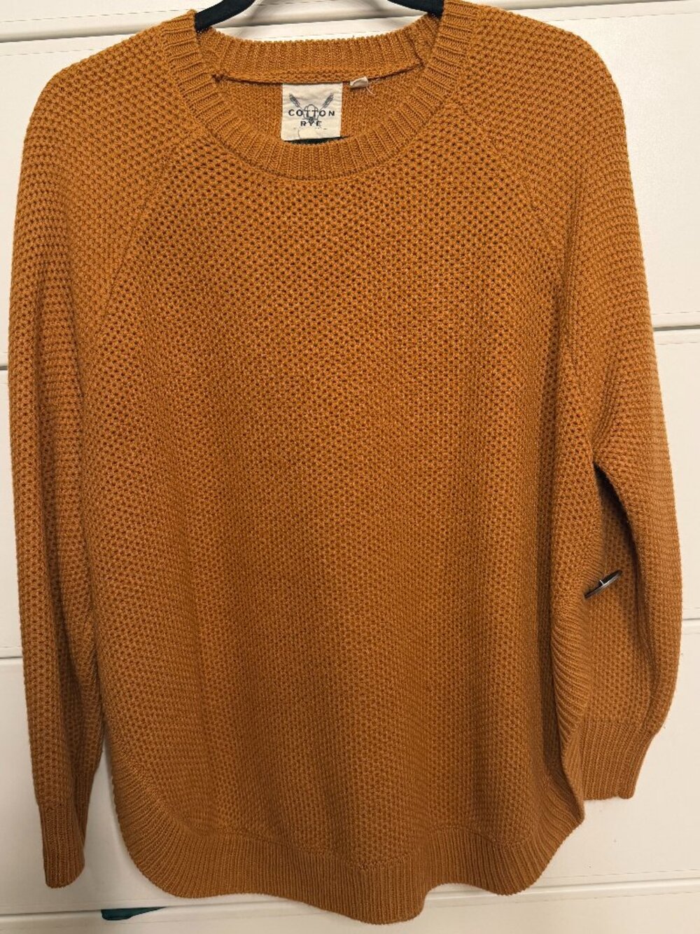 Cotton & Rye Camel Open Knit Crewneck Sweater Medium, Buffalo Pin Detail